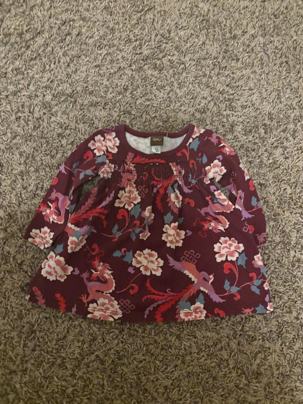 Tea Collection Long Sleeve Dress 3-6 Months Dark Red Floral Bird Print Gathered